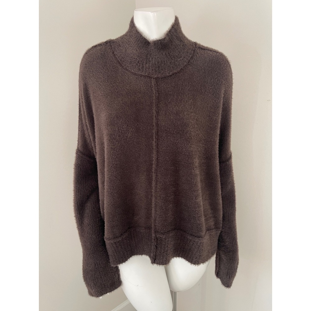 Natural Life Brown Fuzzy Knit Mock Neck Sweater XL Oversized Boxy Eyelash Soft